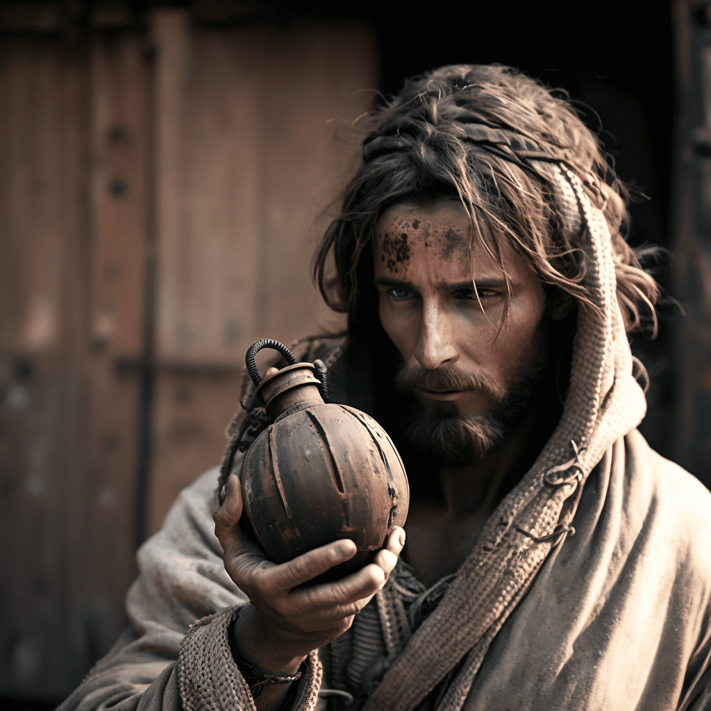 diragb jesus holding an grenade close to his head Cinematic Pho 03200b5e bbed 4f32 9b00 3df0a0840976