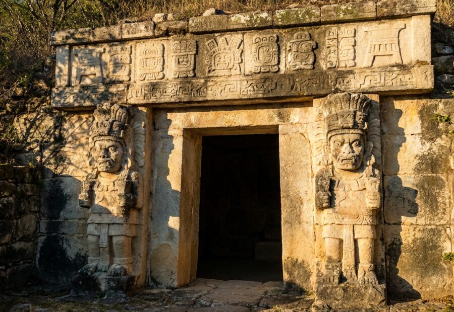 Fachada de tumba zapoteca del siglo VII descubierta por el INAH en Oaxaca con esculturas de guardianes de piedra y friso de glifos.