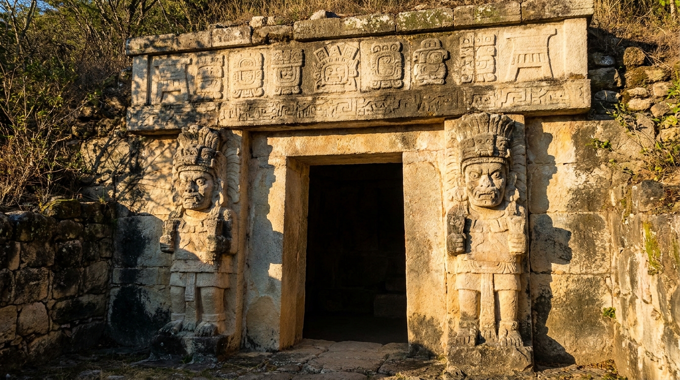 Fachada de tumba zapoteca del siglo VII descubierta por el INAH en Oaxaca con esculturas de guardianes de piedra y friso de glifos.