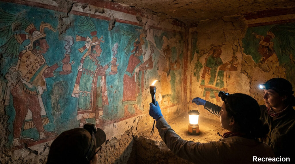 Pintura mural policroma prehispánica en el interior de una cámara funeraria zapoteca con sacerdotes portando copal.
